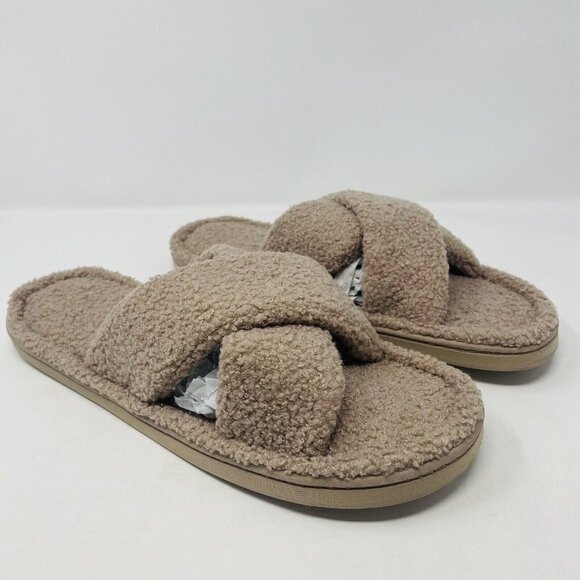 Jenni Womens 11/12 Faux-Sherpa Cross-Strap Slide Boxed Slippers Toffee $35 157 - Picture 3 of 9